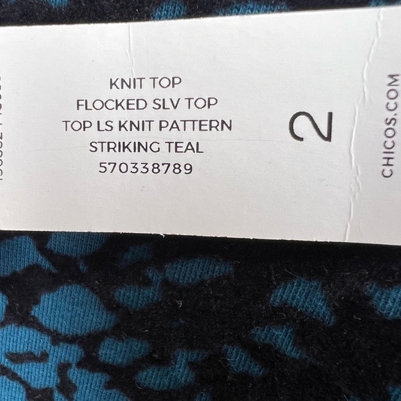 B14.25 NWT Chico's Teal Blue & Black Velvet Flocked Balloon Sleeve Knit Top 2 - Picture 7 of 7